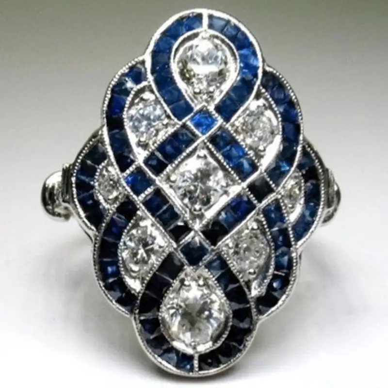 Huitan Vintage Eight-shaped Blue Enamel Rings for Women Luxury Paved White CZ Unique Design Lady's Ring Retro Party Jewelry