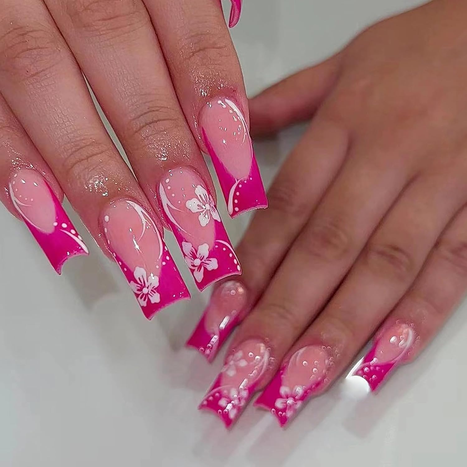 24PCS Rose Red Nail Press, Medium Size Square Pink Fake Nail Press, Fully Covered Acrylic With Small White Flower Design Nail Ar