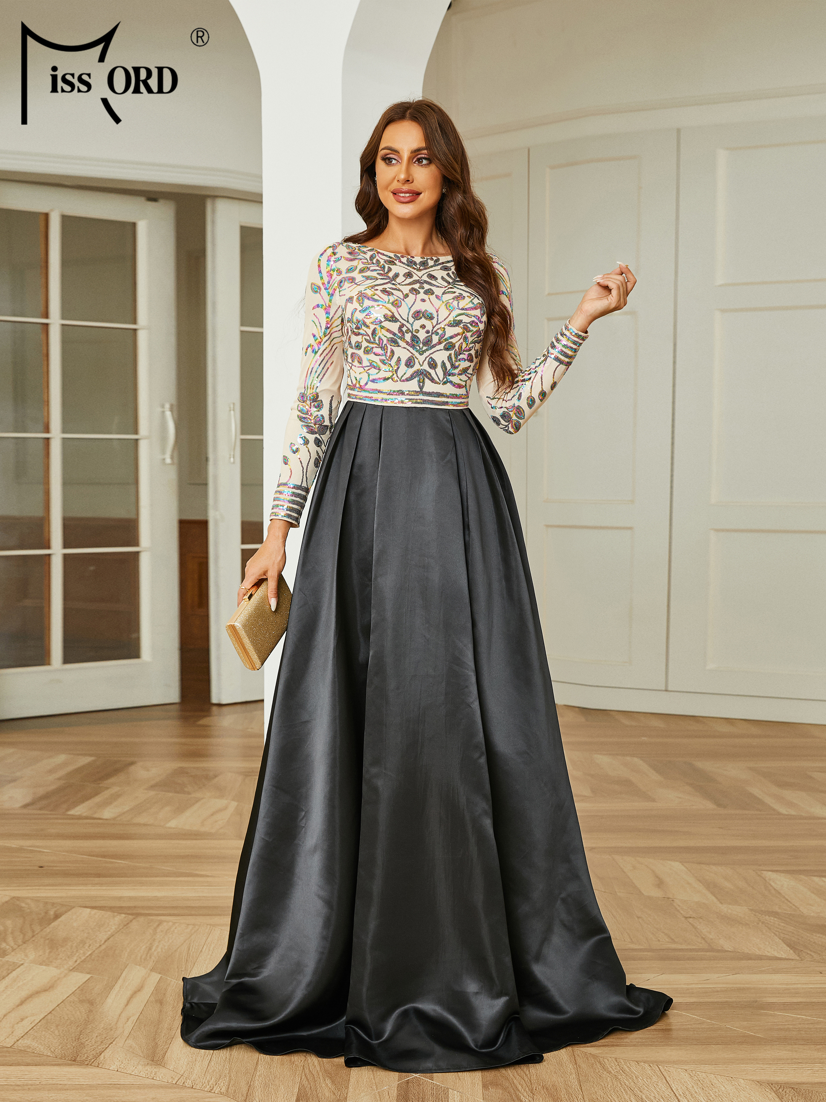 Missord Black Round Neck Long Sleeved A Line Evening Gown Formal Floor Length Occasion Graduation High Quality Luxury Dress