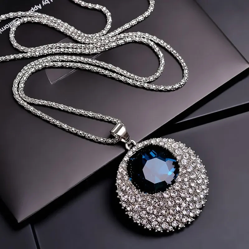 Luxury Blue Crystal Ocean Round Long Chain Necklaces & Pendants for Women Fashion Female Collier Femme Party Jewelry pen gpt