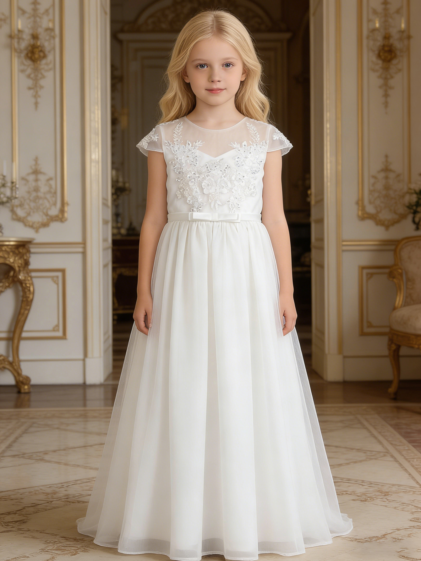 Elegant Long Flower Girls White Flower Girl Dress, Lace Chiffon A-line First Communion Dress with Cap Sleeves