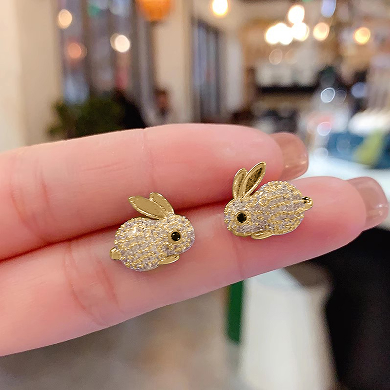 Huitan Animal Rabbit Stud Earrings for Women Full Paved CZ Cute Ear Accessories Fancy Daily Wear Party Trendy Jewelry