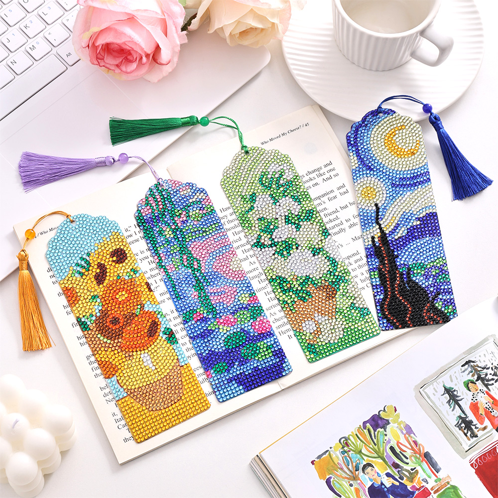 4pcs/pack Vintage Diamond Painting Bookmarks Kit Set Large Size Creative Diamond Paste Round Diamond Sparkling Designs Bookmarks