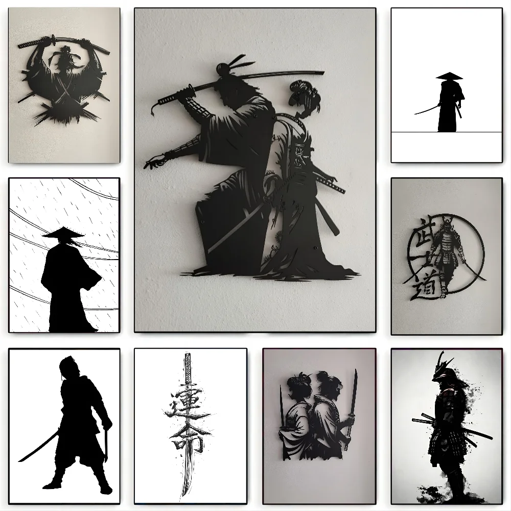 1PCBlack And White Japanese Samurai Silhouette Poster Paper Print Home Living Room Bedroom Entrance Bar Restaurant Cafe Art