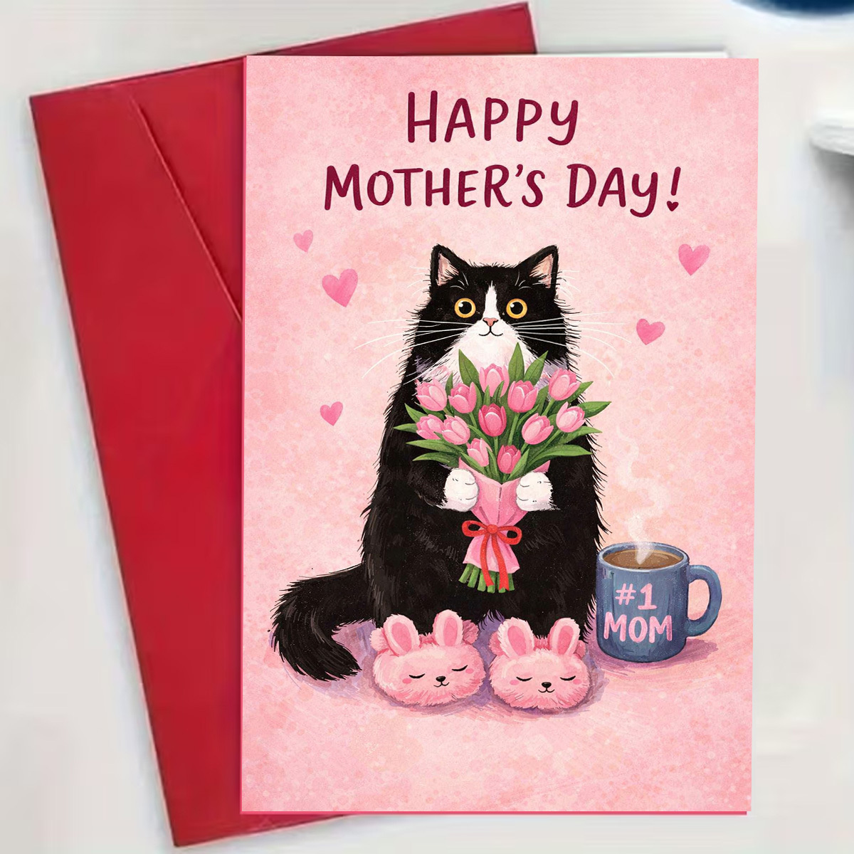 1pcs Holding A Tulip Black Cat Warm Card with Envelope,To The Best Mom Cards,Mother's Day Greeting Card Best