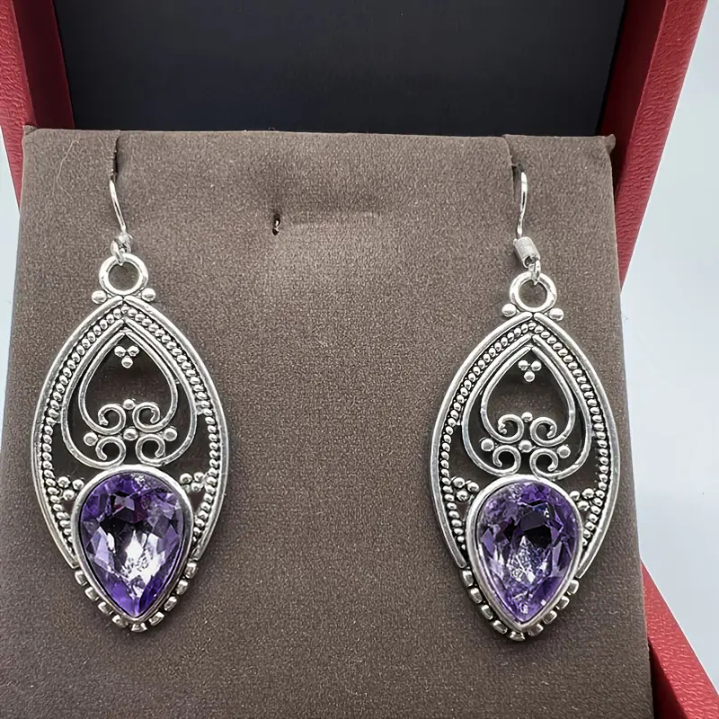 Huitan Vintage Women's Dangle Earrings with Charming Waterdrop Purple Stone Hollow Design Anti Silver Color Female Jewelry