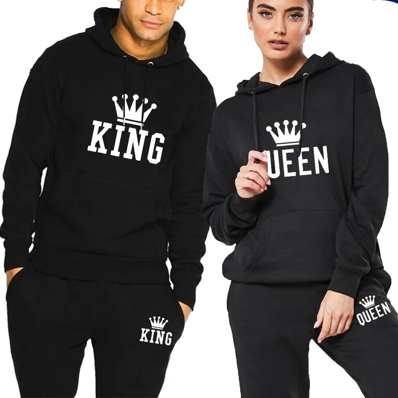King Queen Mens Womens Tracksuit Fashion Casual Hooded Sweatshirt+Pants Sets High Quality Daily Jogging Gym Sports Couple Suit