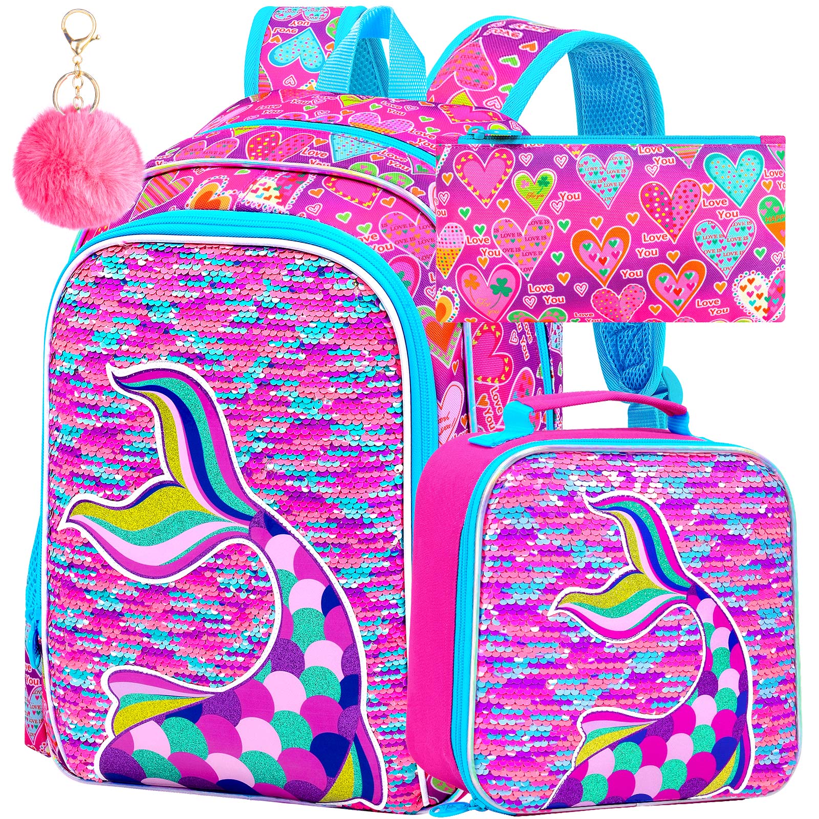 Pink Heart & Mermaid Tail Sequin Backpack for Girls 3PCS Durable Water Resistant School Backpack Set with Lunch Bag Pen Bag for
