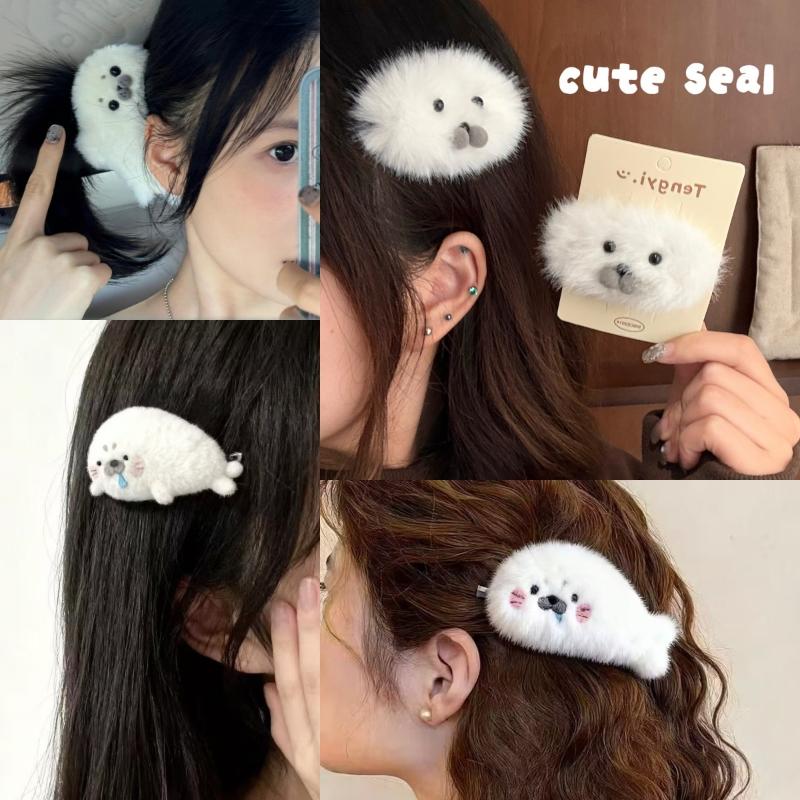 1/2 Pcs Cute Plush Little Seal Hair Clip Hair Accessory Versatile Autumn And Winter Cute Pet Bangs Clip Side Broken Hair Clip