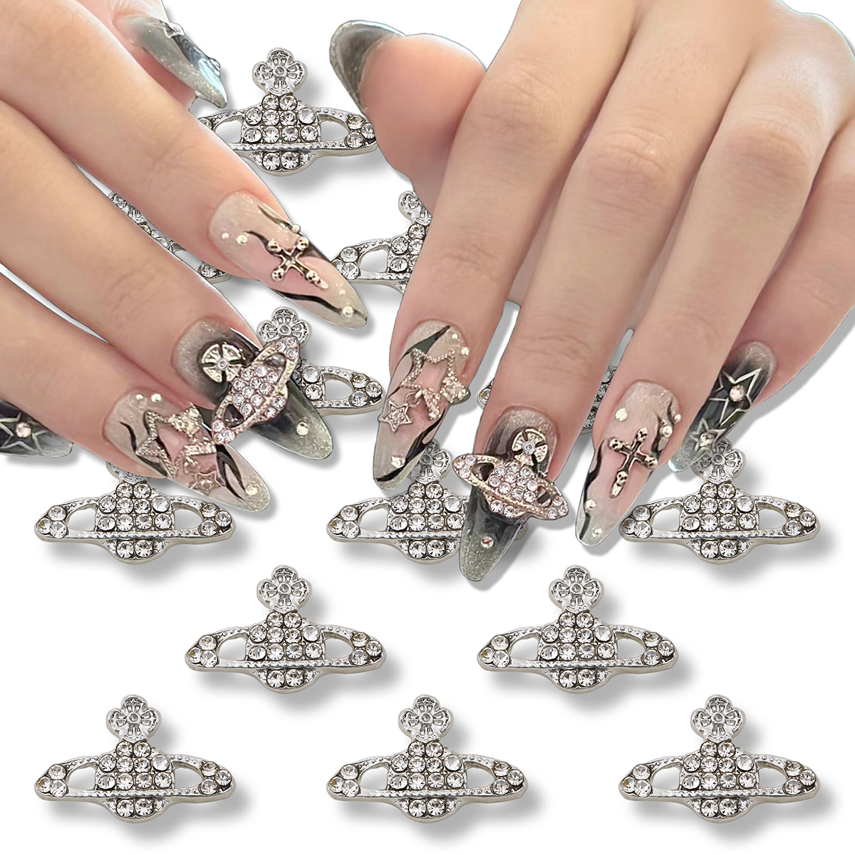 10 pcs European and American style full diamond Saturn planet alloy rhinestone y2k metal style DIY nail decoration