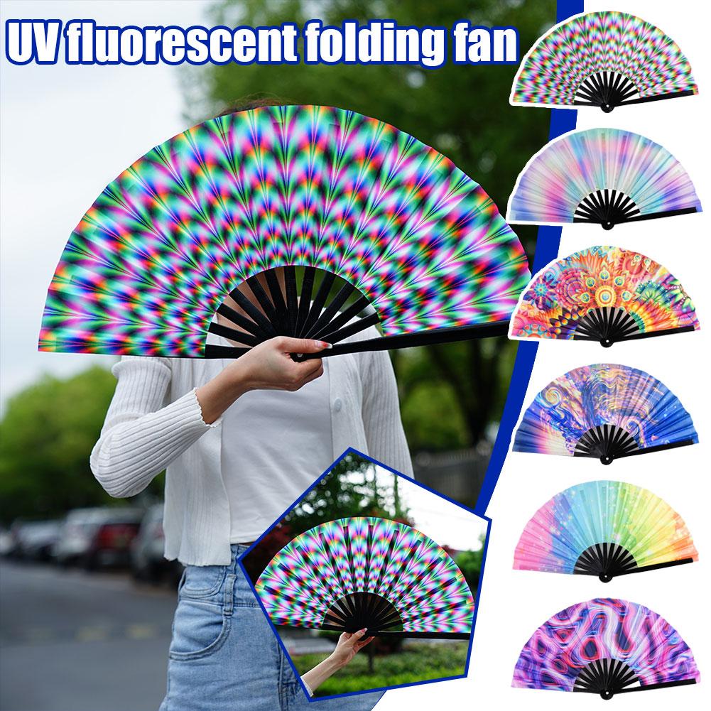 68cm Large Folding Hand Rave Fan Chinease/Japanese Gradient Colorful Reflective Foldable Fan Music Festival Fan Dance Fan Gifts