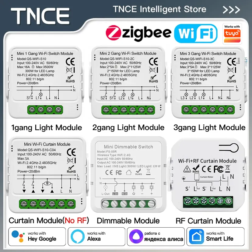 TNCE Tuya Switch Light Curtain Dimmer WIFI Zigbee, Smart DIY MINI Module, Roller Shutter motor Breaker, voice alexa home
