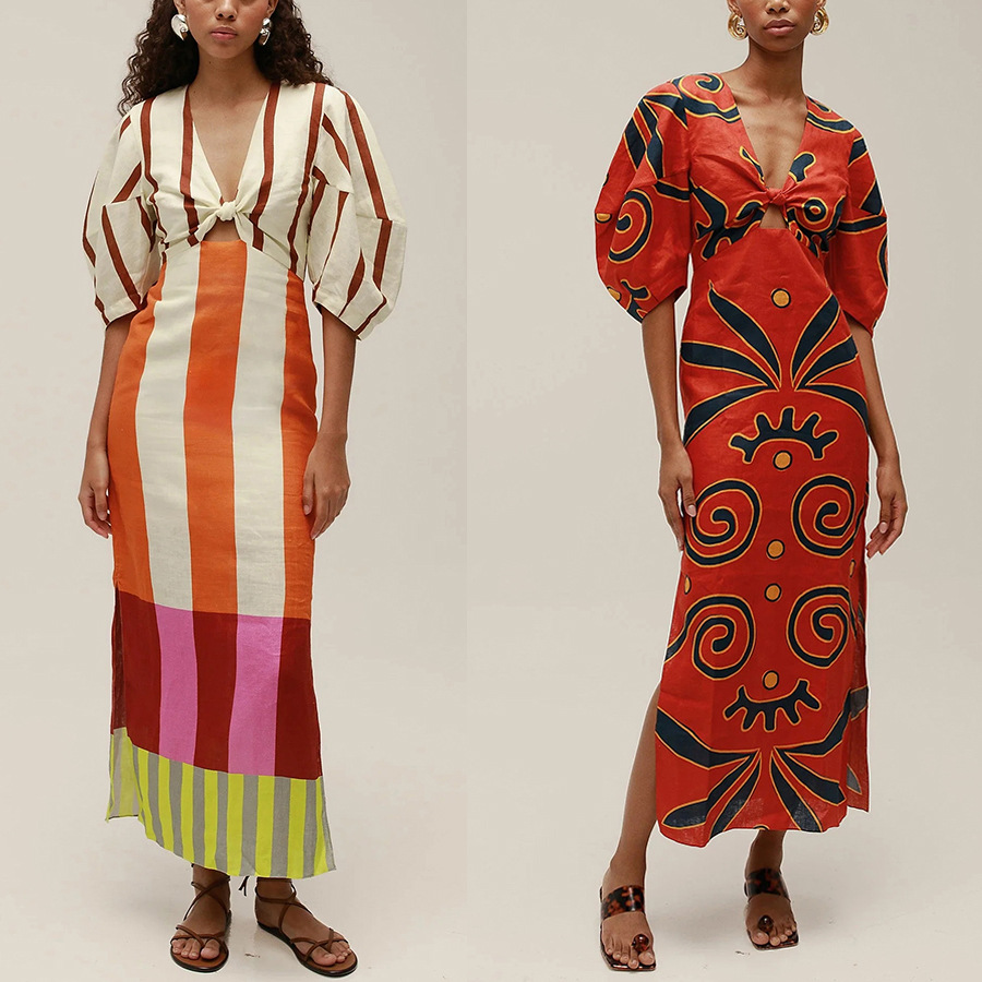 VEITCHE Summer Women Linen Material Long Dresses Fashion Chic Print V-neck Hollow Out High Waist Party Dress Lady Robes