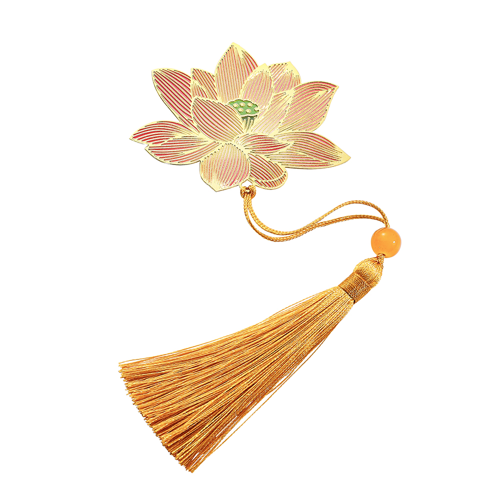 Creative retro Chinese style yellow lotus hollow bookmark with tassels, fashionable stationery, office and study supplies.