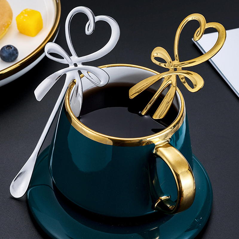 1pc Stainless Steel Coffee Spoon 3D Bow Knot Heart Shaped Mini Spoon Tea Dessert Hanging Gold Silver Spoons Household Flatware