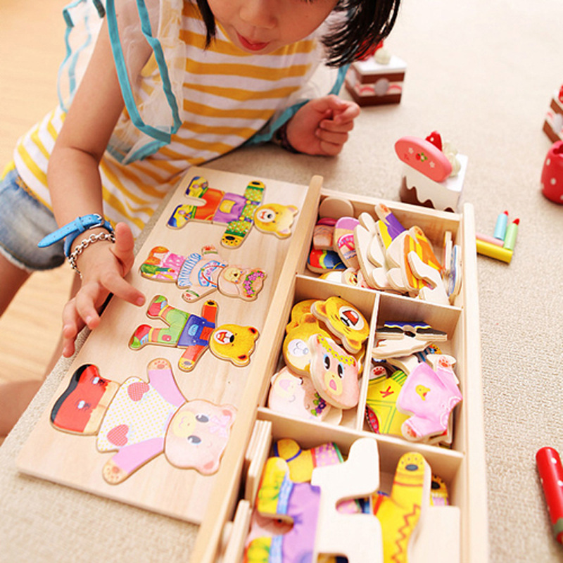 Montessori Little Bear Change Clothes Kids Early Education Wooden Jigsaw Puzzle Dressing Game Baby Puzzle Toys For Children
