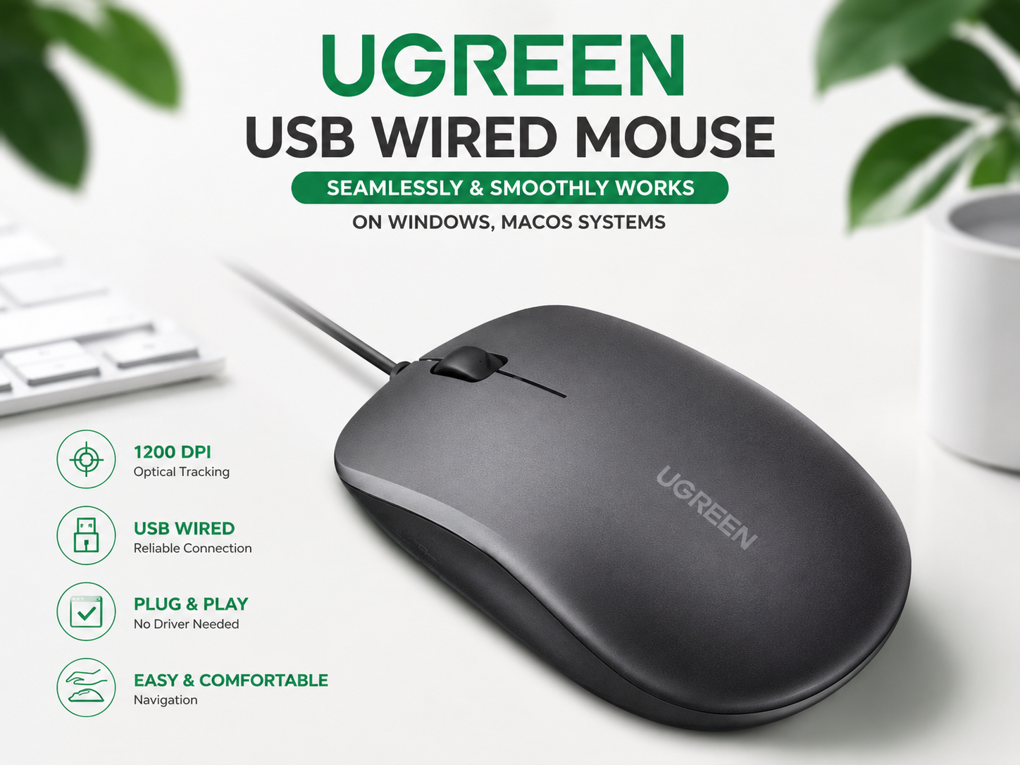 USB Wired Optical Mouse 1200 DPI | Plug & Play | Ergonomic Design | Compatible with Windows, macOS & Linux