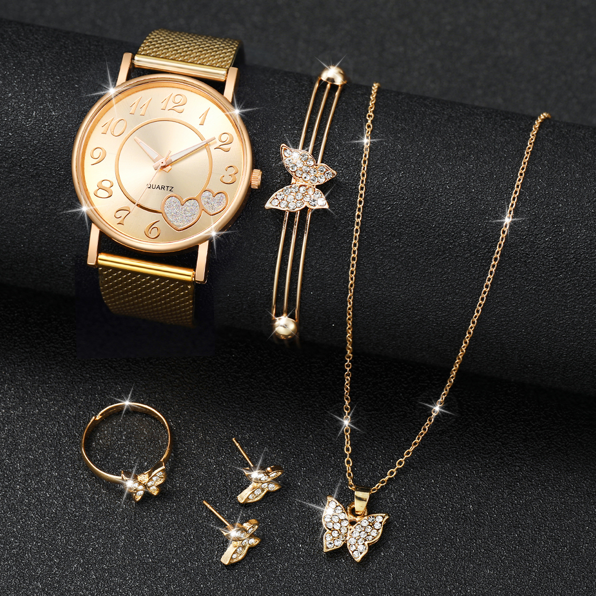 5PCS/Set Women Watches Diamond Butterfly Jewelry Set Fashion Gold Plastic Band Quartz Watch Bles Online DZ-23A-33