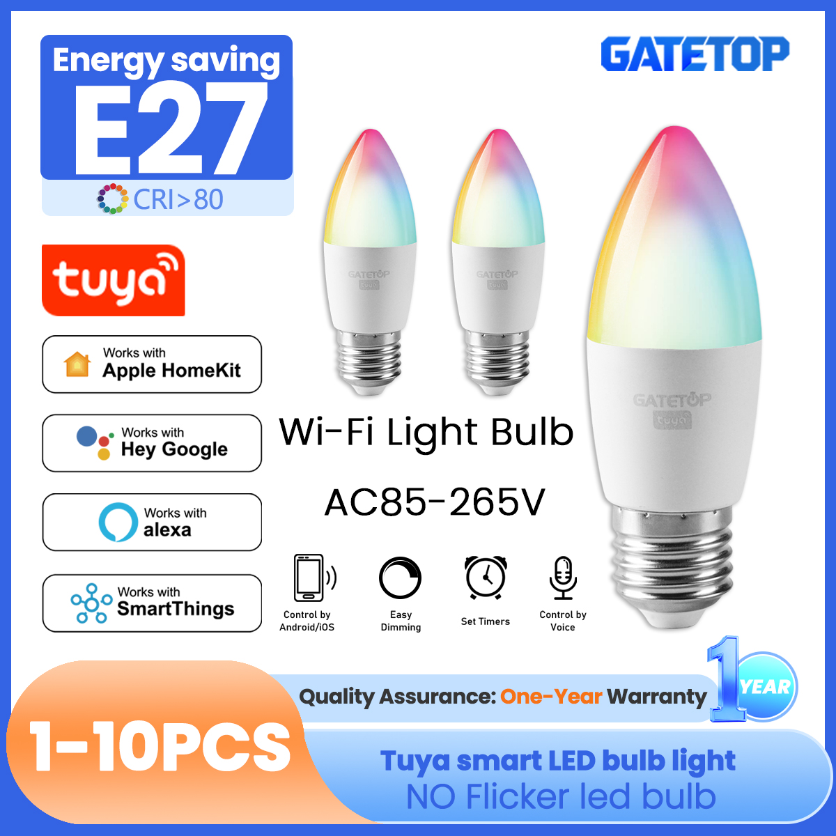 1-10PCS E27 Tuya Smart Bulb WiFi Bluetooth RGB WW AC85-265V 6W LED C37 Light Bulbs App Voice Control Support Alexa Home lightify