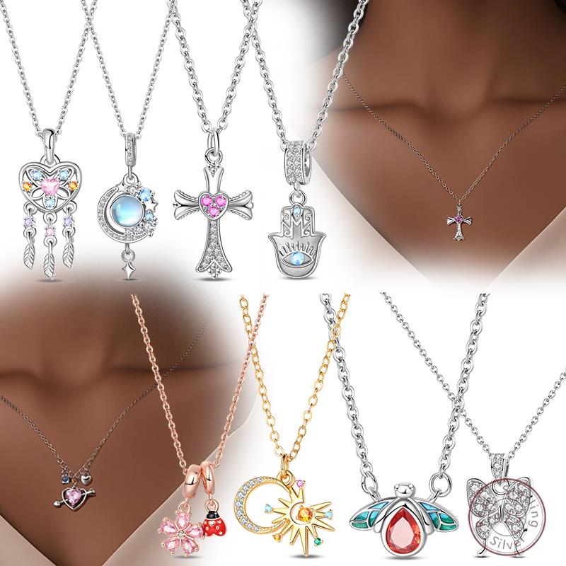New 925 Sterling Silver Necklaces Tulip Heart Sun Star Moon Bow Zircon Pendant Necklace fit Women Fashion Jewelry Making Gift
