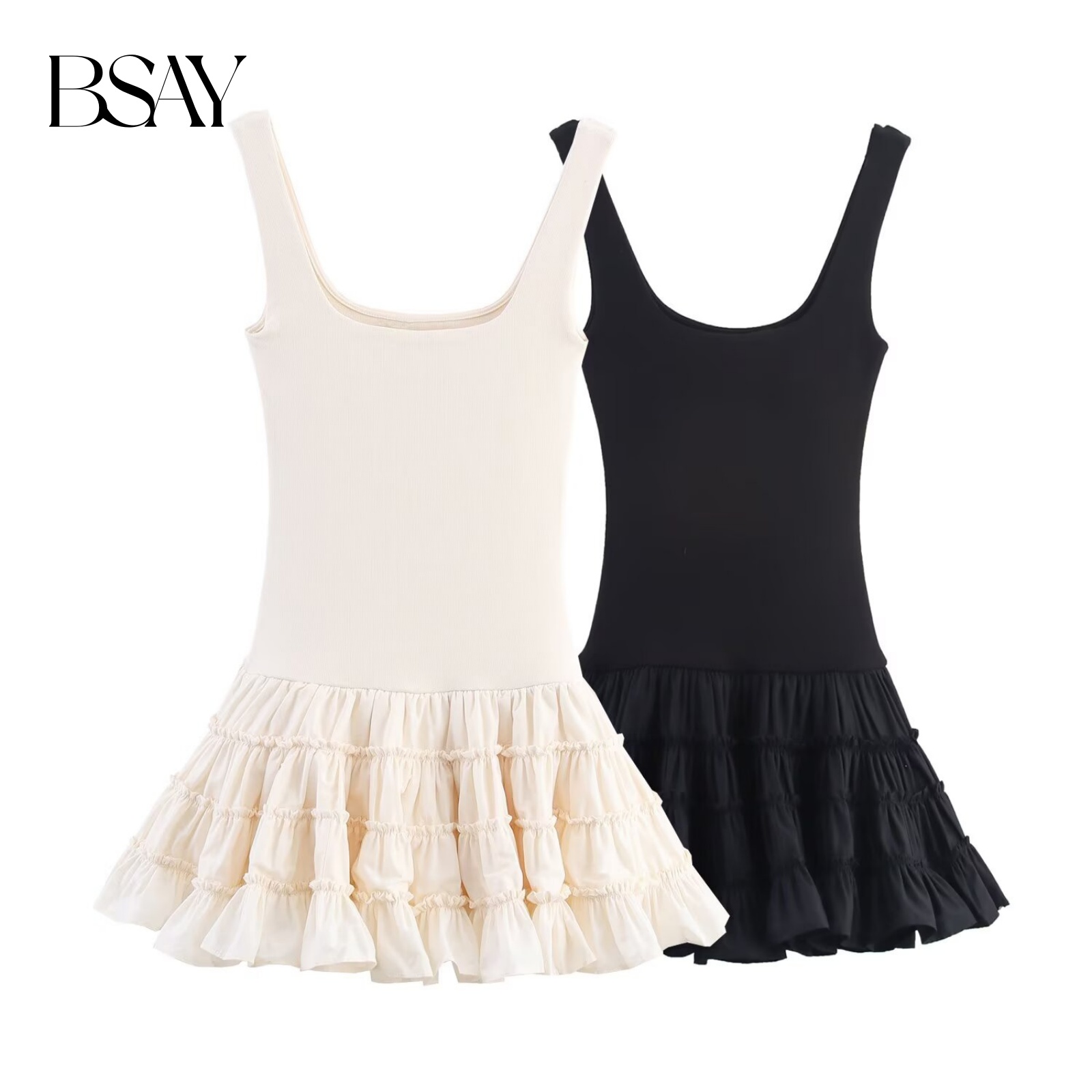BSAY Sweet and Spicy Style Design Fluffy Splicing Dress Short Skirt Summer New Style Solid Color