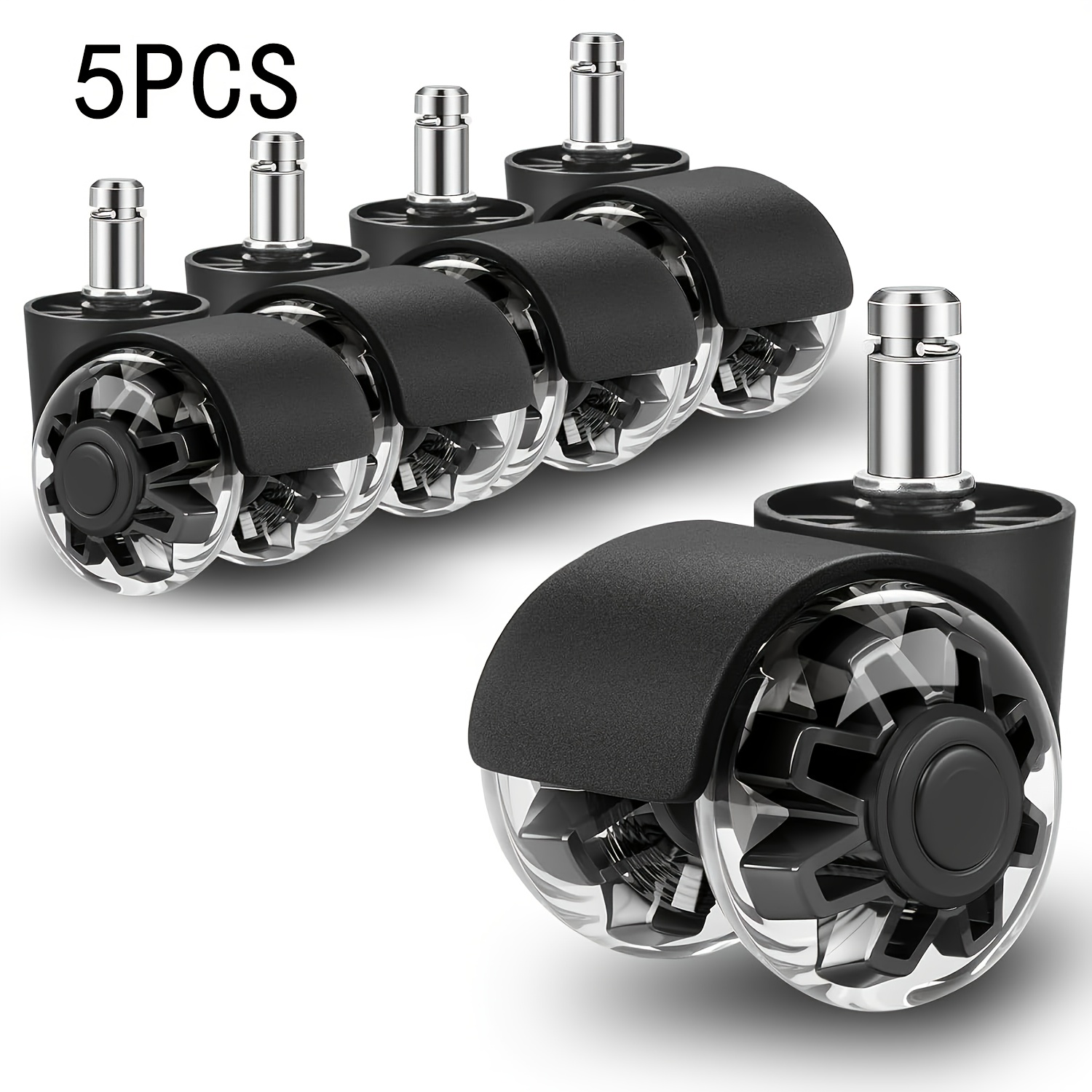 5pcs 2" Heavy Duty Gray PU Silent Swivel Stem Casters, Smooth & Durable Wheels for Office Chairs, Gaming Chairs