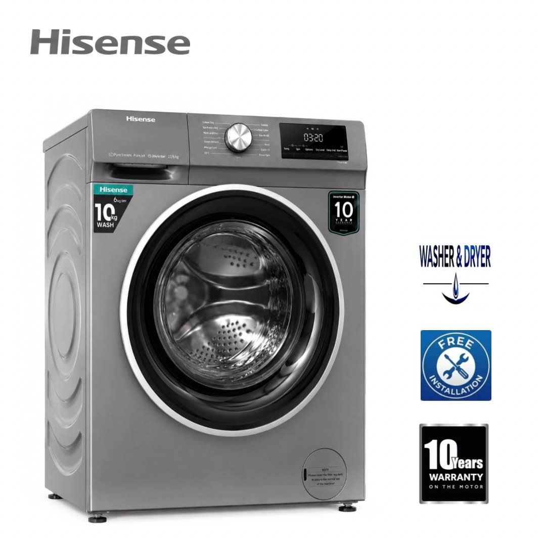 Hisens 10 Kg Washer 6 Kg Dryer Steam Wash Inverter 1400 RPM Pause & Add WDQY 1014EVJMT