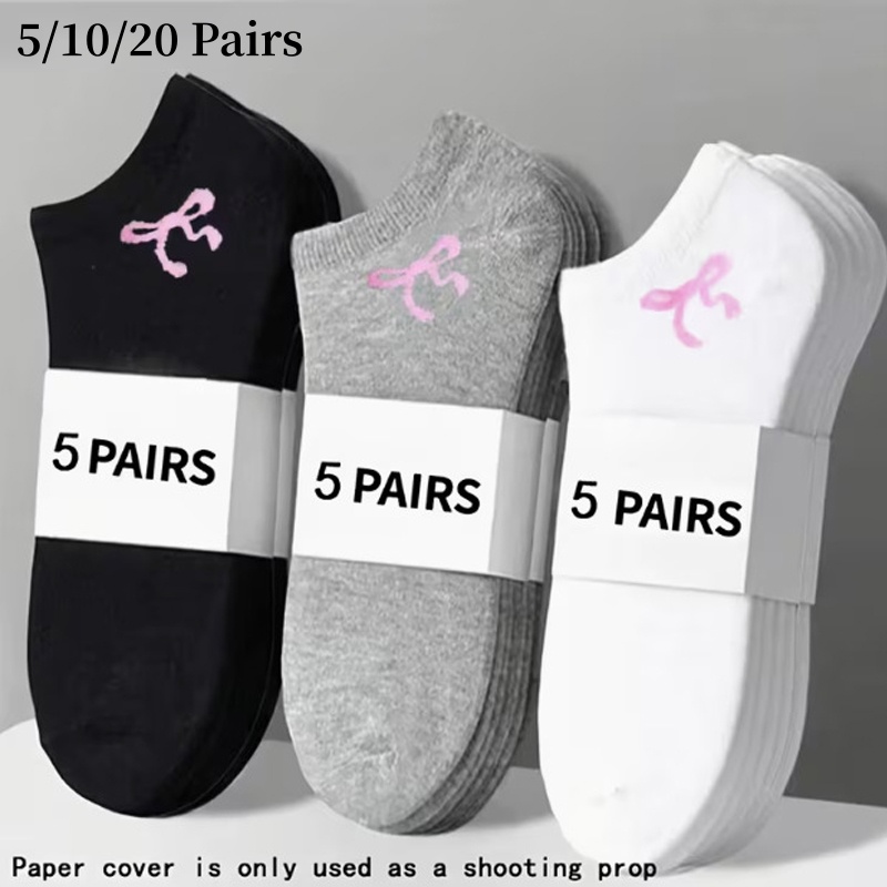5 Pairs Women Cute Bow Printed Black White Socks Spring Autumn Sweat Absorbing Breathable Soft Comfortable Casual Socks