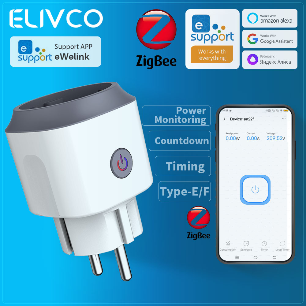eWelink Zigbee Smart Plug EU Socket With Power Monitoring Timing Countdown Supports Home Assistant Assistant Alexa Alice