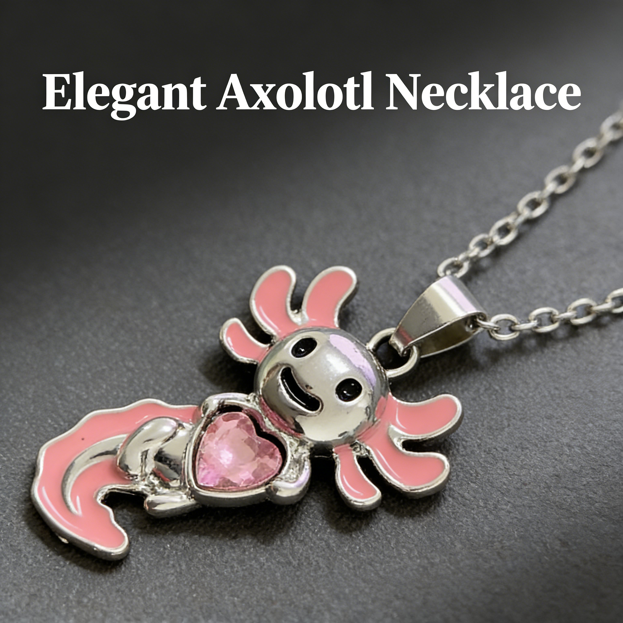 Zinc Alloy Cute Axolotl Pendant Necklace Pink Enamel Heart Faux Crystal Jewelry for Women Girls Daily