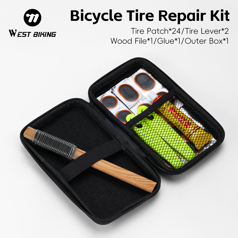 WEST BIKING Bicycle Tire Repair Kit Anti-Aging High-Elasticity Tire Patch Set Tire Lever Wood File Glue Bike Repair Tool Kits