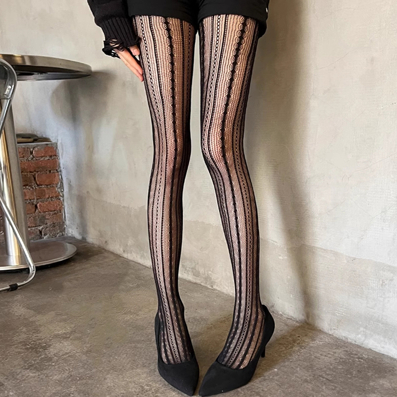 Vintage Striped Fishnet Tights Women Hollow Pantyhose Elastic Y2K Leggings for Spring Autumn Seasonal Fashion Stockings