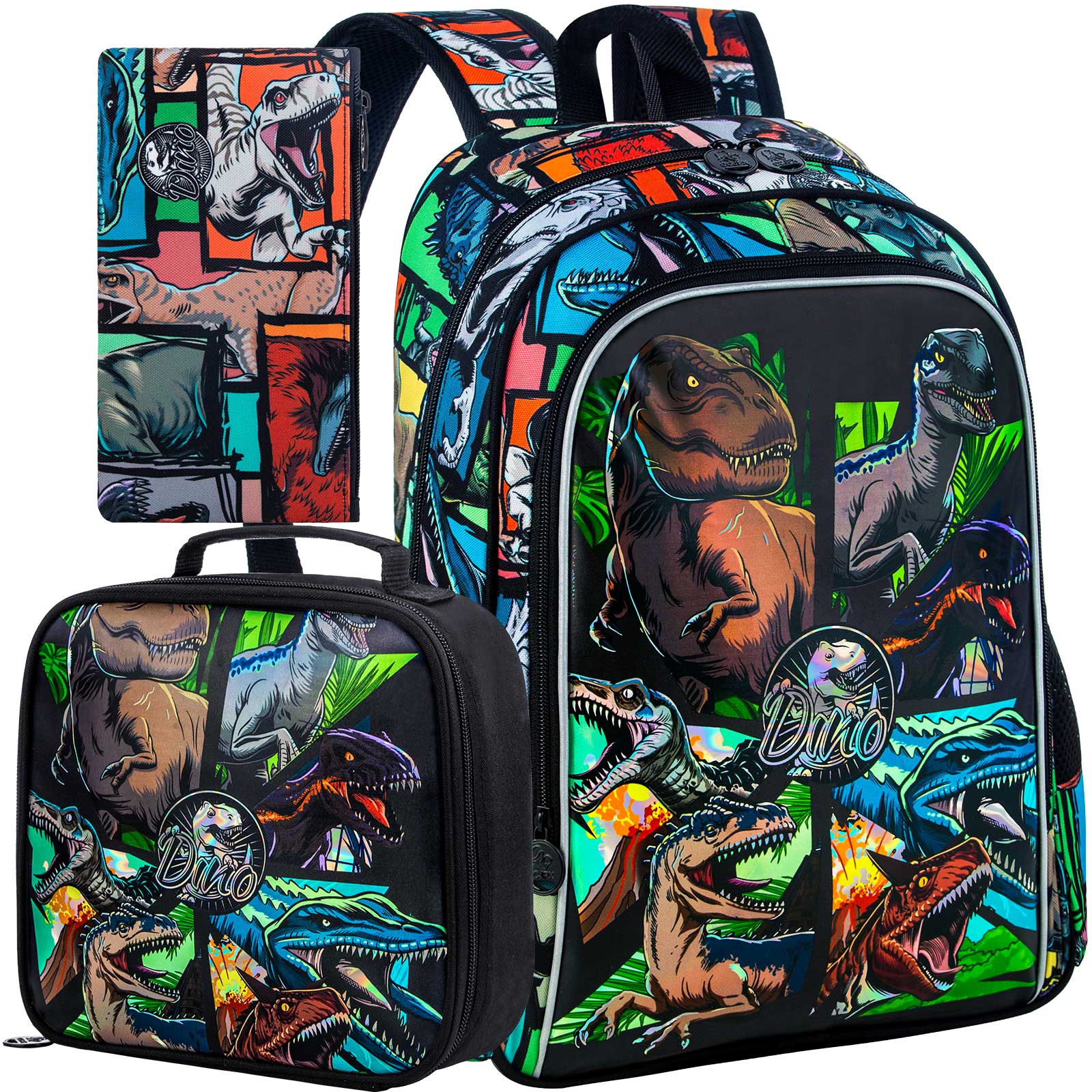 3PCS Dinosaur Backpack for Boys, 16 Inch Preschool Bookbags, Cool Kindergarten School Backpacks and Lunch Box