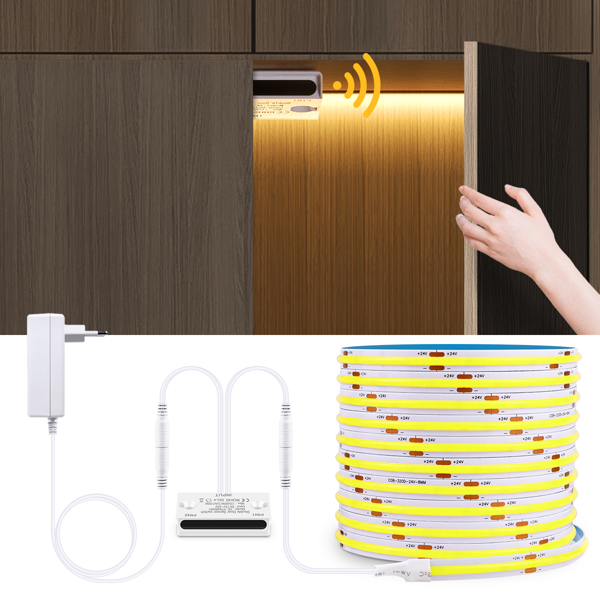 DC24V LED Strip with Door Motion Sensing Swtich 2m 5m 10m LED COB Tape Light Smart Sensor Night Lamp for Bathroom Bedroom Stairs