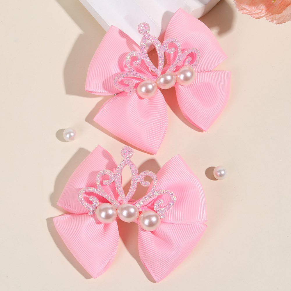 2pcs Girls Hair Bow Clips ,Shining Crown & Faux Pearl Decor Hairpins ,Pink Satin Ribbon Alligator Clips Hair Accessoreis