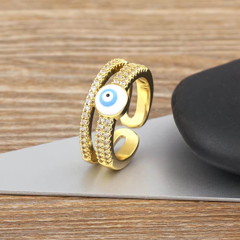Double Layered Crystal Paved Evil Eye Finger Ring