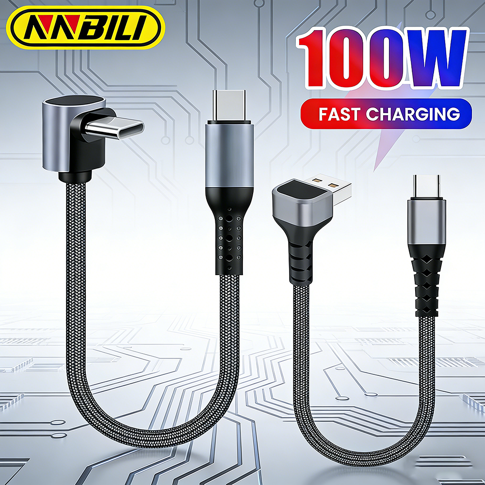 NNBILI 100W 90 Degree Elbow Short USBA/USBC To Type C Fast Charging Data Cable For iPhone17 16 Power Bank 0.25m/0.5m USB C Cable