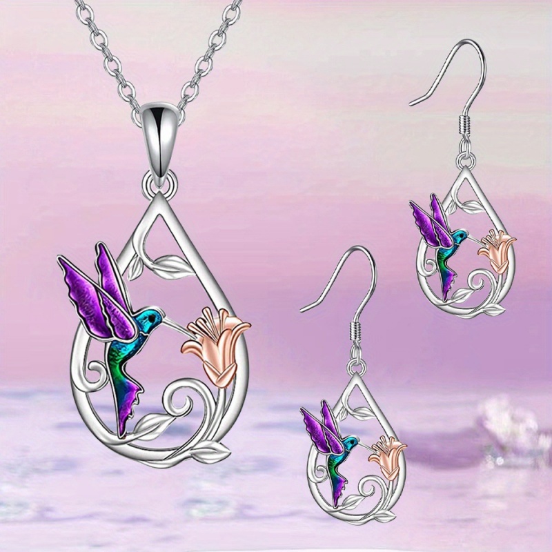 3 cute hummingbird drop pendant necklace earrings set, flower decoration, birthday holiday