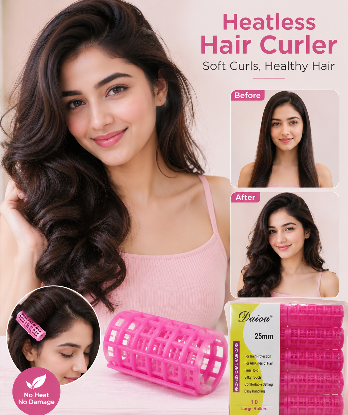 25mm Heatless Hair Curlers Rollers Set - Self Grip Hair Rollers for Natural Curls & Volume, No Heat Damage, Reusable Styling Rollers (10 Pieces)