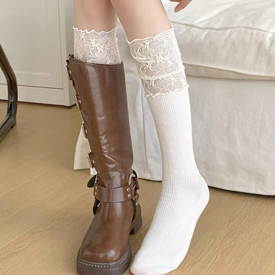 1/2 pairs Fashionable versatile lace patchwork spring autumn new elegant simple lightweight sweat absorbing lace women socks