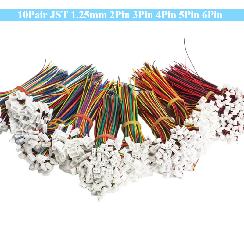10Pair 28AWG Male/Female Plug JST 1.25mm 2Pin 3Pin 4Pin 5Pin 6Pin Socket Terminal Connector with Wire Cables 100mm Connector