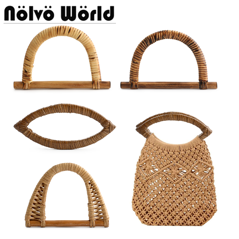 2/4/10pcs Crochet Bag Rattan Handle Natural Bamboo Woven Bag Handle Wooden Rattan Frame for Handmade Beach Knitted Bags
