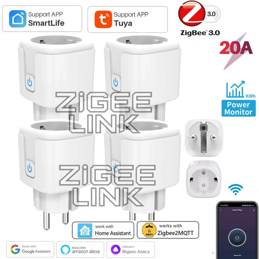 WiFi or Zigbee3.0 Smart Plug EU 16A/20A Timer Energy Monitor Socket for Home Automation Appliances works with Tuya Alexa