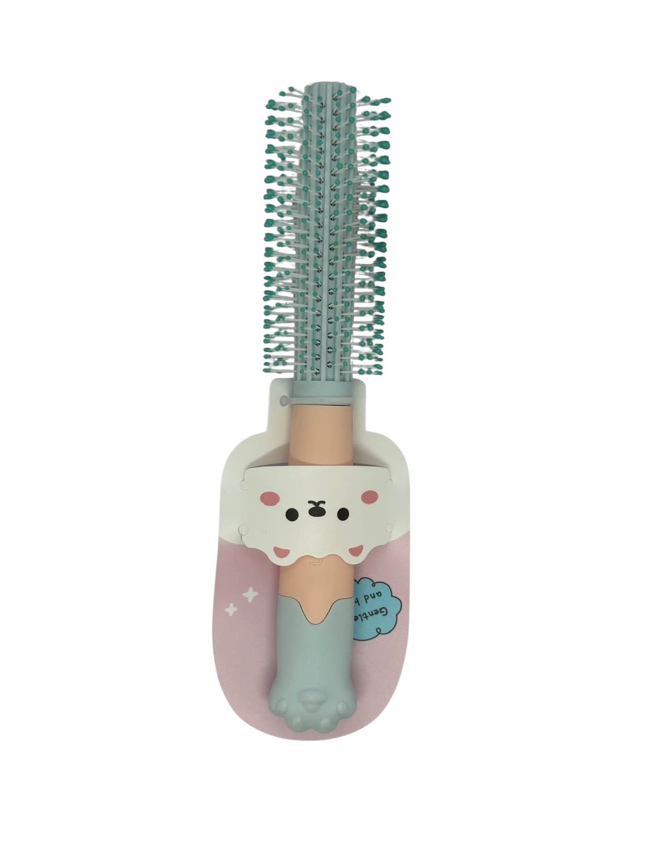 Curly hair brush, featuring a round comb with soft ball-tipped bristles for gentle scalp massage and a cartoon-themed handle