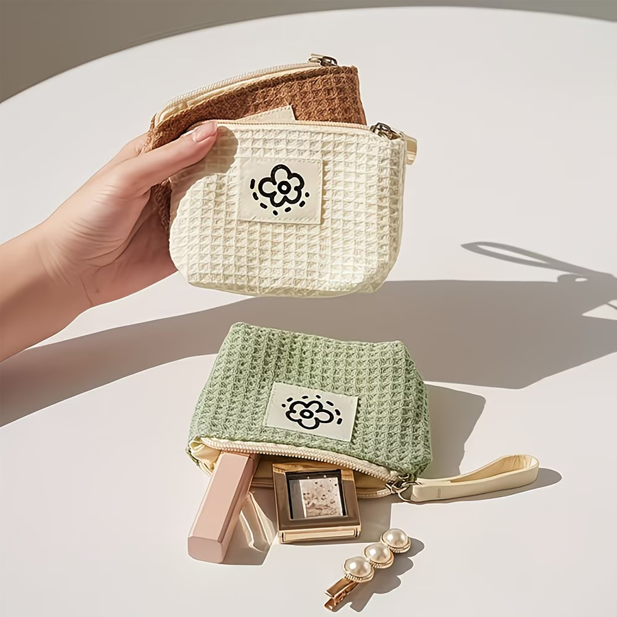 Simple Floral Small Wallet Portable Bag Cute New Waffle Pattern Small Wallet Fresh Portable Travel Handbag Cosmetics Storage Bag