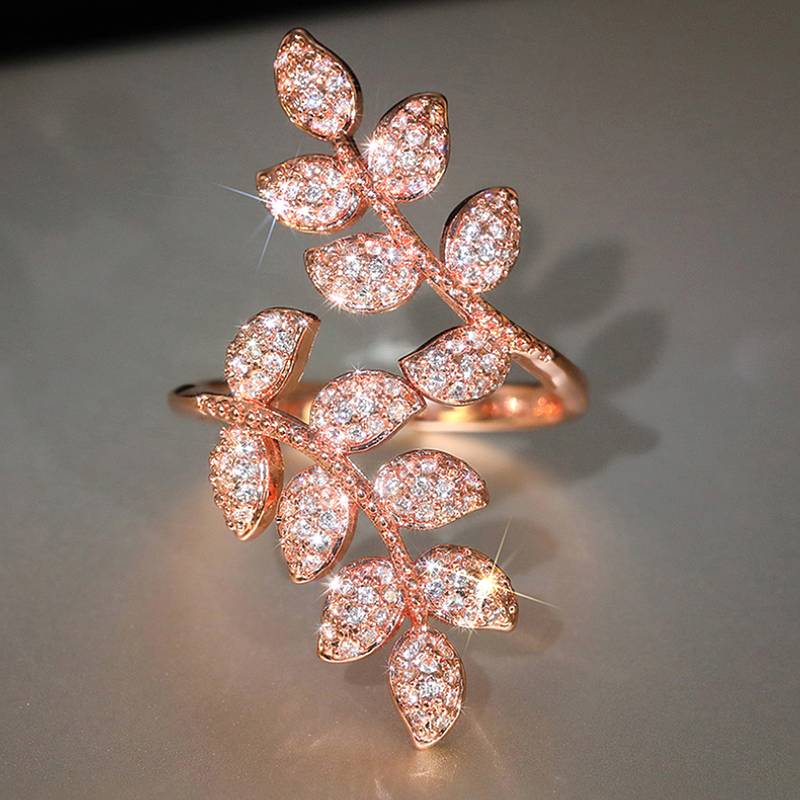 Huitan Fresh Style Leaves Shaped Women Opening Ring Full CZ Luxury Party Accessories Lady Rose Gold Color Wedding Trendy Jewelry