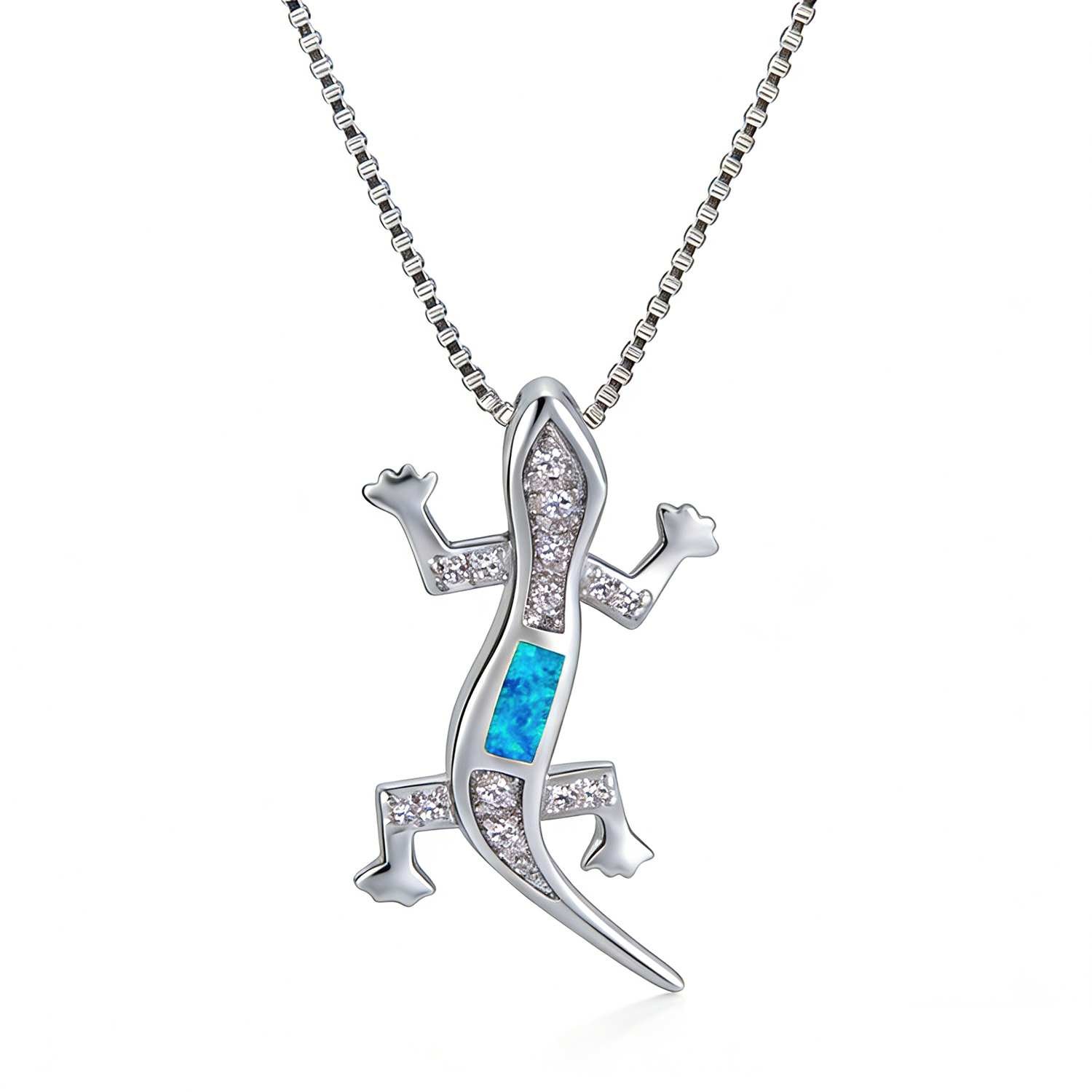 Unique 3D Lizard Pendant,Sparkling Blue Opal & CZ With White K Plated,Dainty Yet Statement Necklace Gift for Women 2025