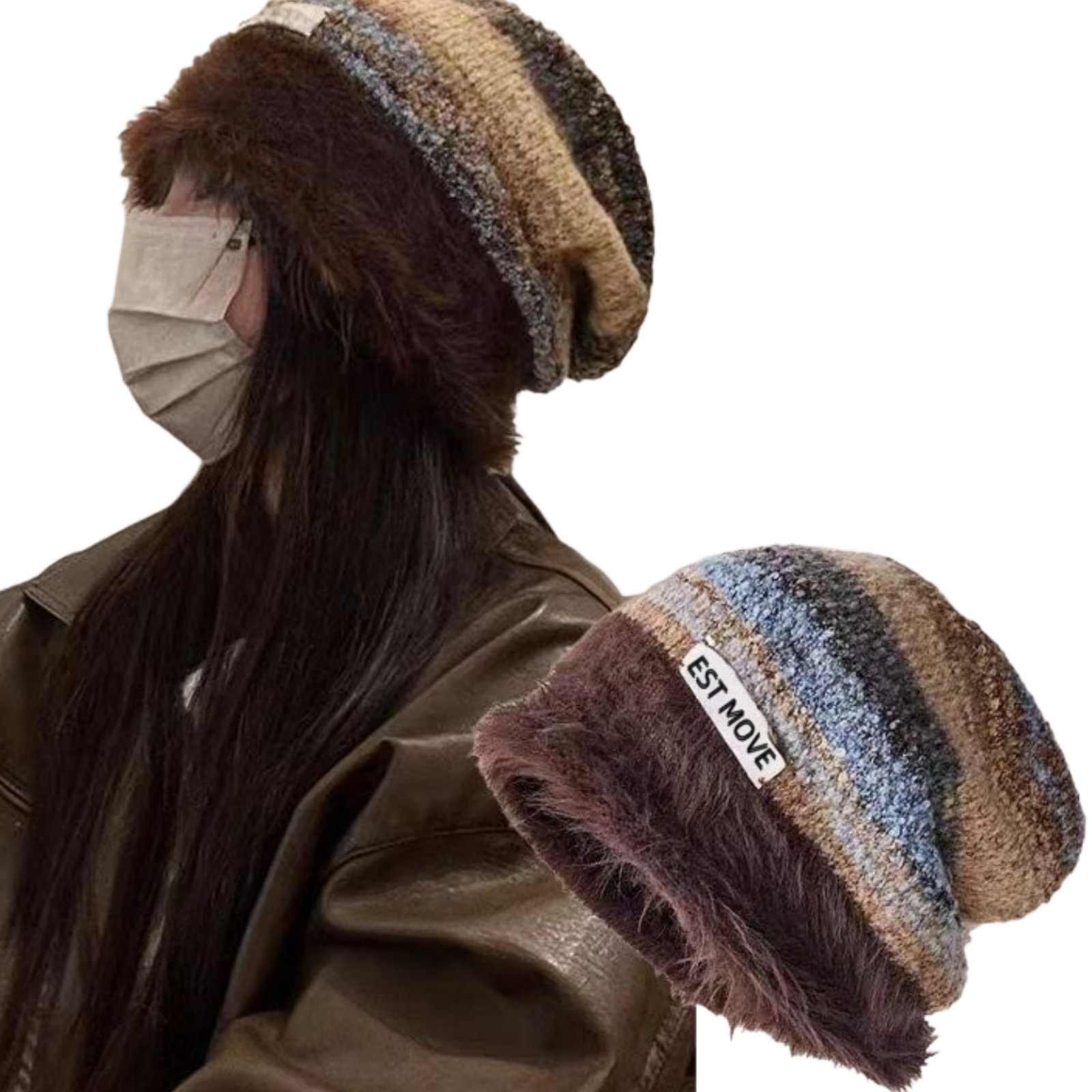1PC Furry Knitted Beanie Hat, Warm Striped Winter Cap , Trendy Casual Headwear For Women, Cross - Border Fashion Accessory