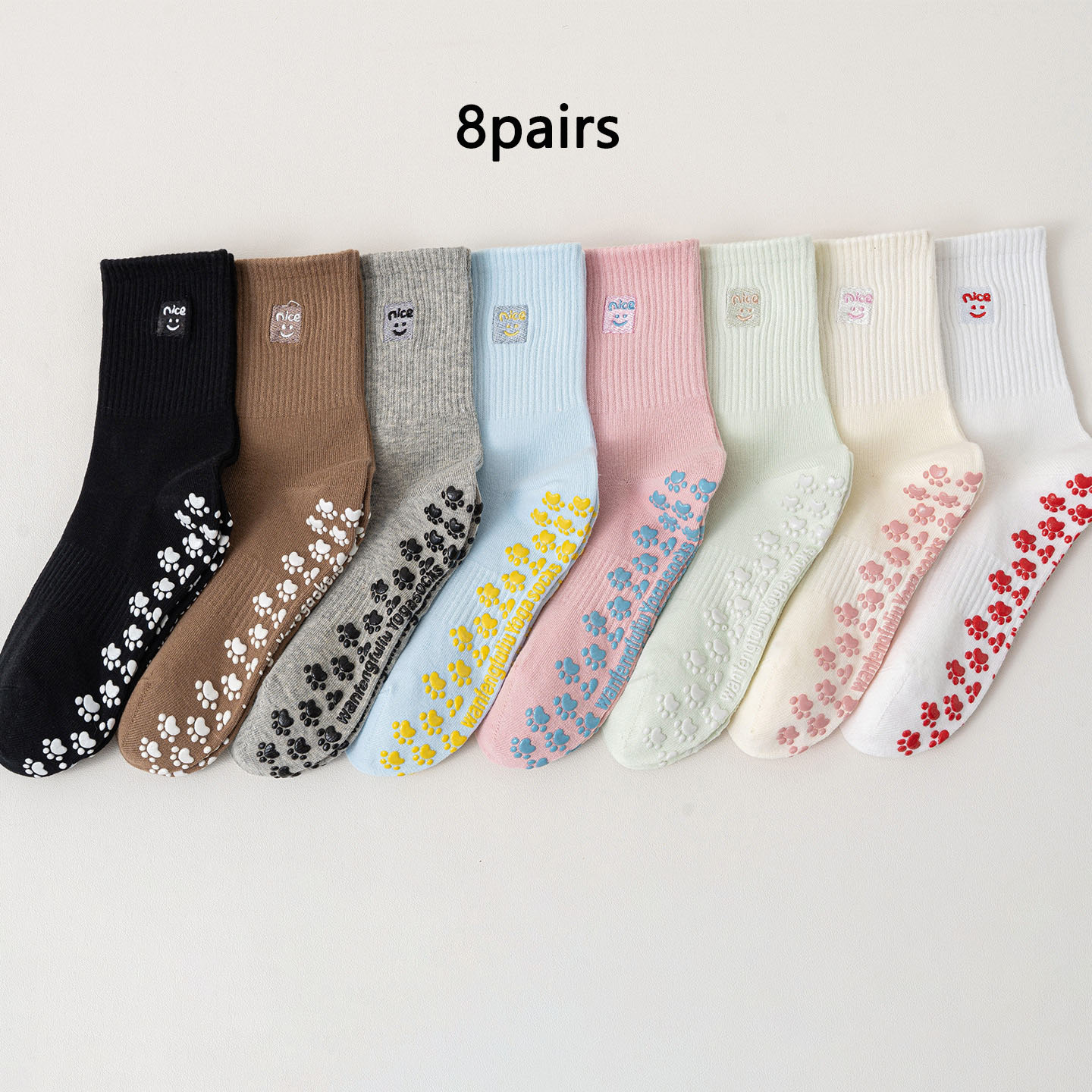 Healing Cat Paw Glue Dot Socks 1/8 Pairs, Cute Embroidered Mid-Calf Socks, Home Yoga Non-Slip Cotton Socks, Practical and Functi