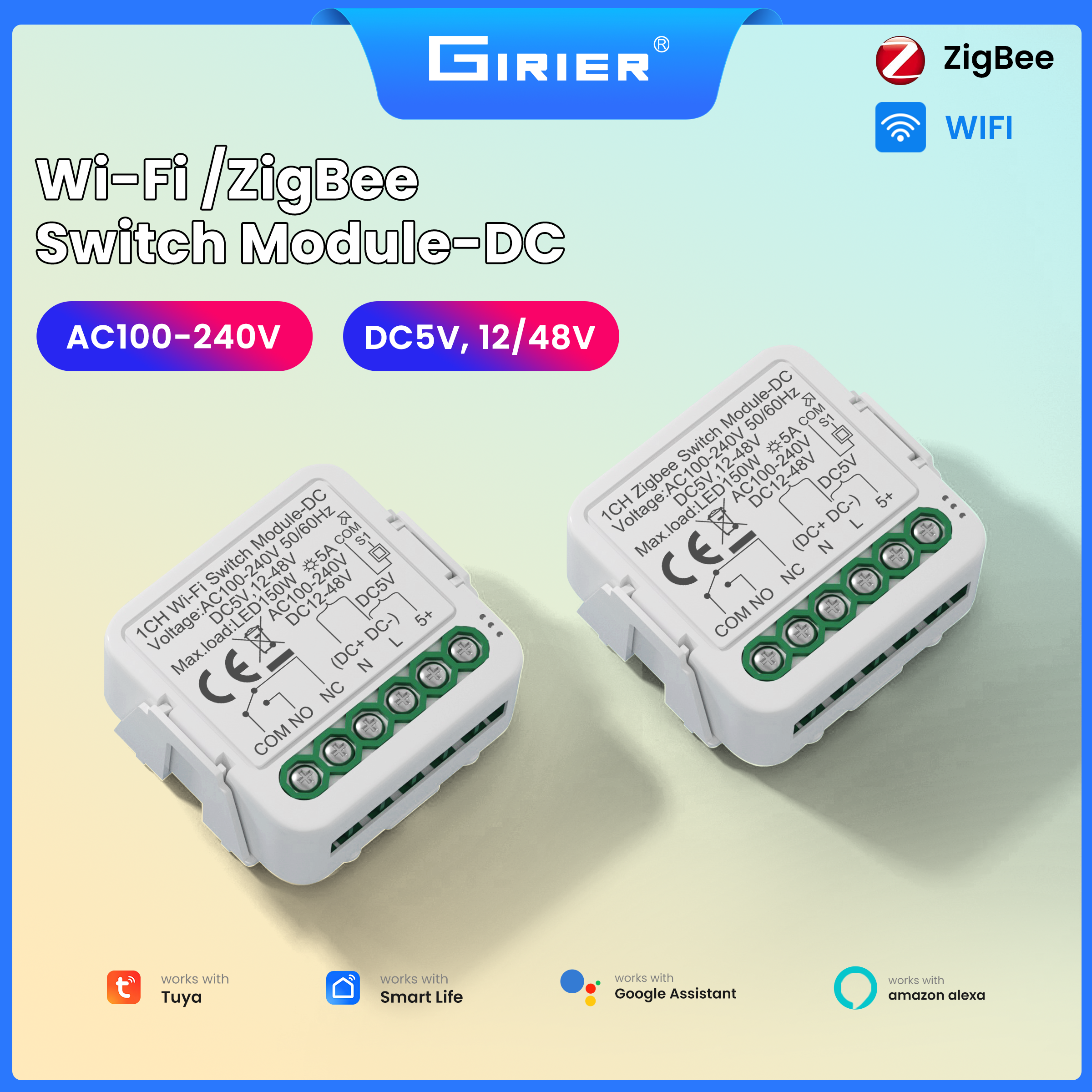 GIRIER Tuya WiFi Smart Switch Module ZigBee Dry Contact Module DC5V 12-48V AC100-240V Input DIY Relay Work with Alexa Hey